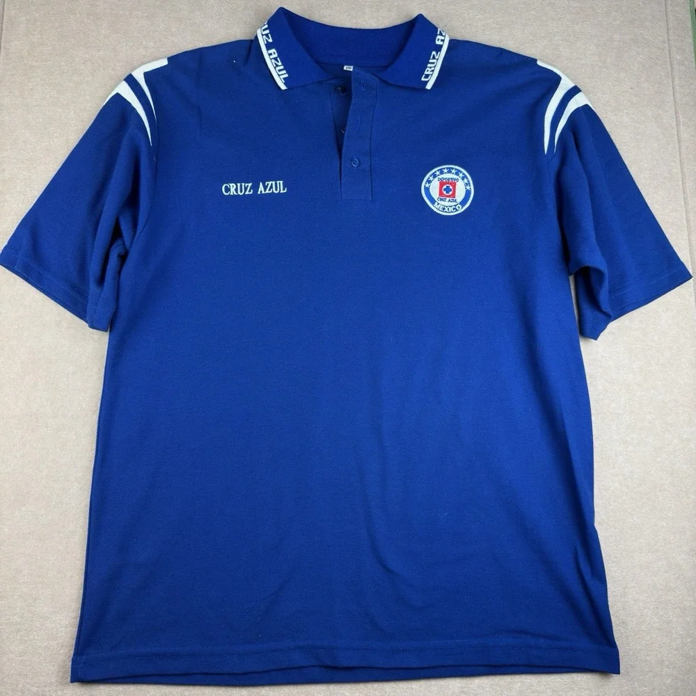 Cruz Azul Polo Shirt L Blue White Embroidered Logo‎ Soccer Team Short Sleeve Uni